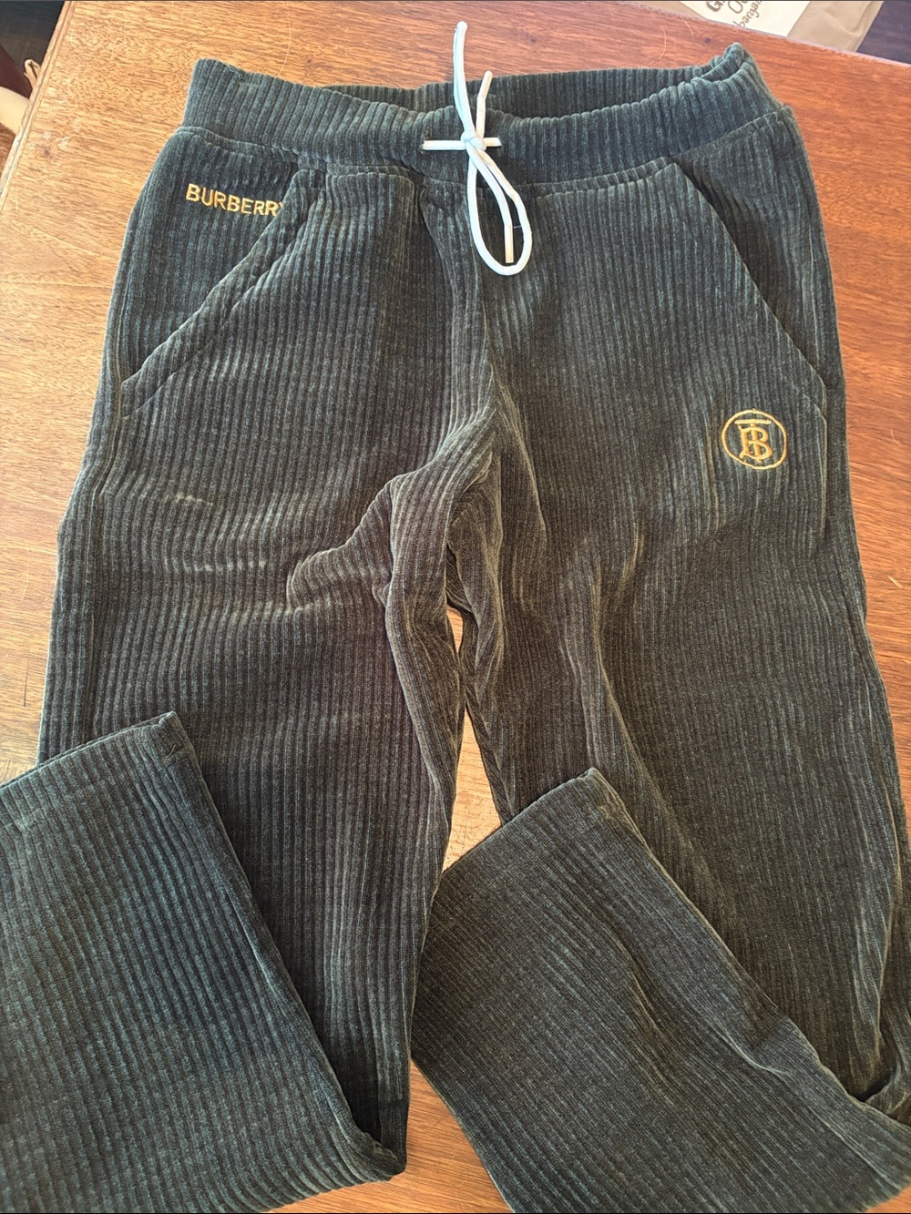 Burberry Dark Green Ribbed Corduroy Joggers with Gold Logo